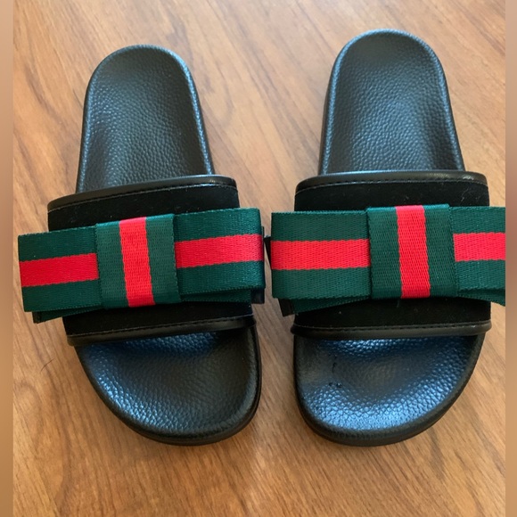 GUCCI black red green stripe bow sandal slides - Picture 6 of 15